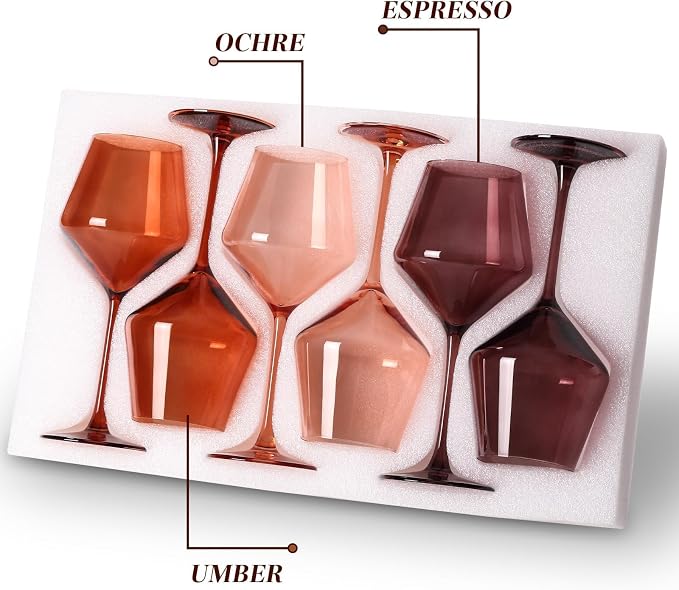 Venus Colored Wine Glasses Set of 6-17.5【Hand Blown】 Brown Wine Glasses with Tall Long Stems, Elegant Amber Melanin Colored Glassware - Unique Gifts for Wine Lovers-Wedding Gifts