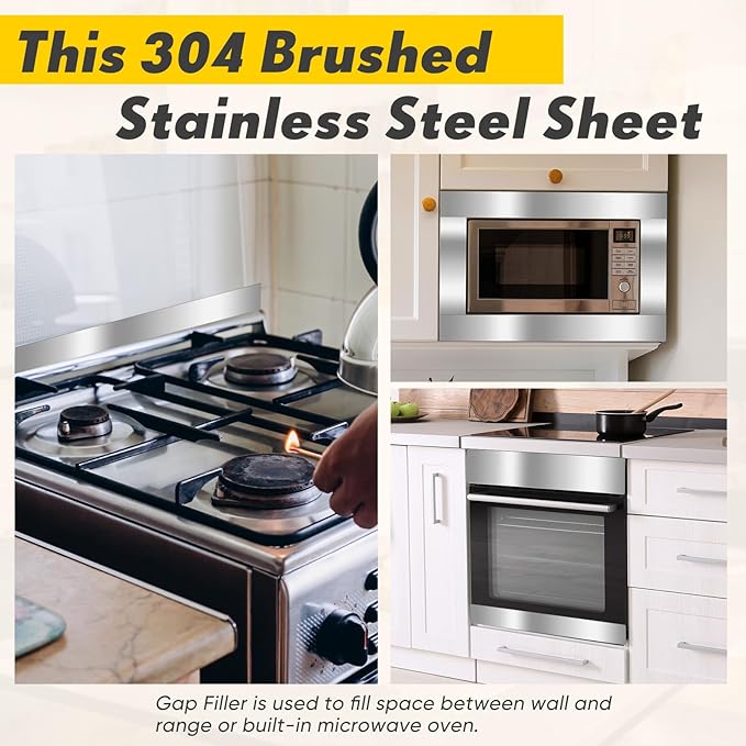 Blulu 4 Pieces 304 Stainless Steel Sheet Gap Filler Gap Shim Stock Metal Trim Strip for Kitchen Wall Oven Microwave Combo Range Cooktop 30'' Long, 1, 2, 3, 5'' Wide, 0.04'' Thick