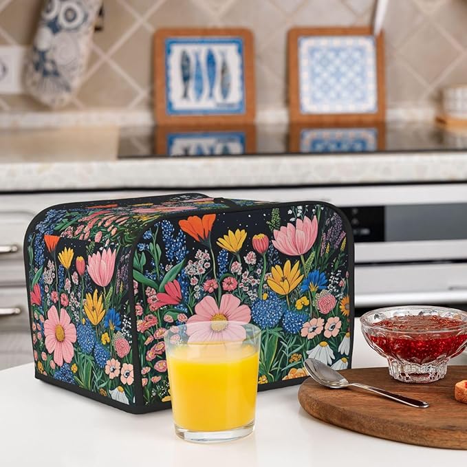 4 Slice Toaster Cover for Kitchen Wildflower Art Floral Black aterproof and Dustproof Toaster Dust Cover with Side Pockets Decorative Universal Cover for Wide Slot Toasters and Small Appliances
