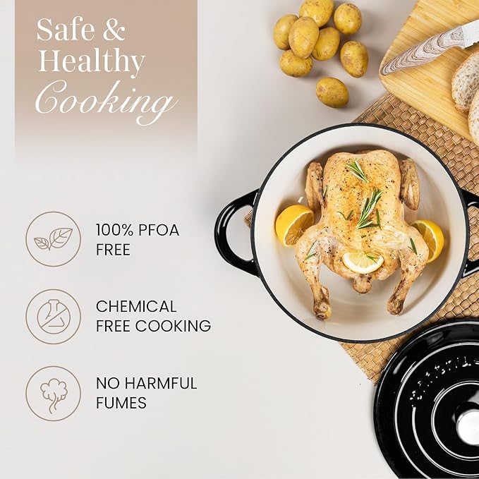 Cast Iron Pot with Lid-Non-Stick Ovenproof Enamelled Casserole Pot, Oven Safe up to 500° F-Sturdy Dutch Oven Cookware - Black, 5-Quart, 24cm-by Nuovva