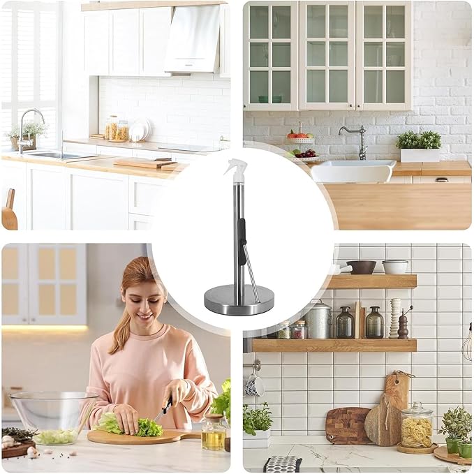 2-in-1 Standing Paper Towel Holder with Spray Bottle, Paper Towel Stand with Suction Base & Weighted Arm for Kitchen, Countertop, Stainless Steel Brushed Nickel Finish (Black)