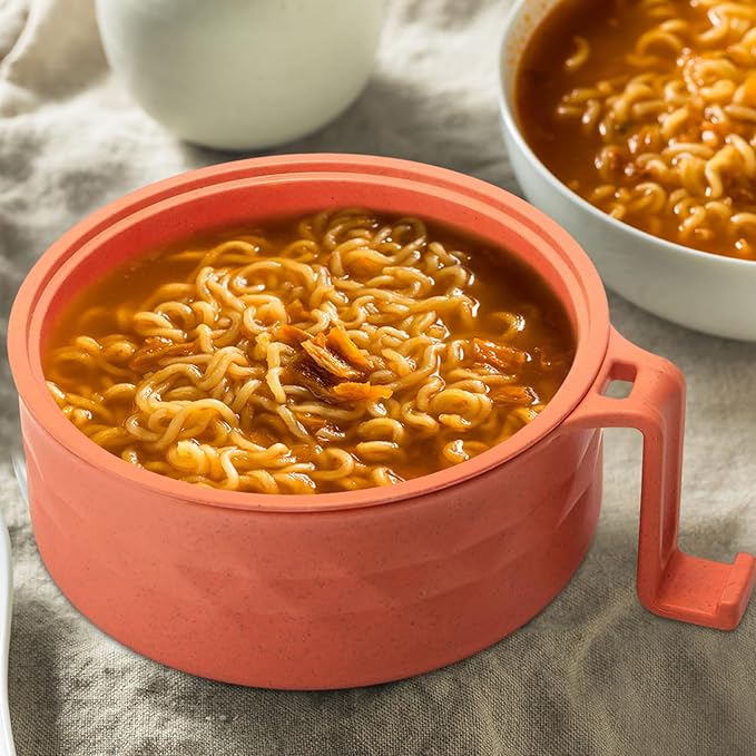 2 Sets Microwave Ramen Bowl 40 oz Wheat Fiber Portable Instant Noodle Cooker Bowl with Handles Strainer Spoon Chopstick Fork College Dorm Room Apartment Essentials(Purple,Orange)