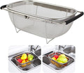 AJIODA Over The Sink Colander, 4 Quarts Stainless Steel Oval Colander with Expandable Rubber Grip Handle, Fine Mesh Strainer Baskets Kitchen Colanders for Strain, Drain, Rinse Vegetable, Fruits, Black