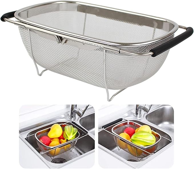 AJIODA Over The Sink Colander, 4 Quarts Stainless Steel Oval Colander with Expandable Rubber Grip Handle, Fine Mesh Strainer Baskets Kitchen Colanders for Strain, Drain, Rinse Vegetable, Fruits, Black