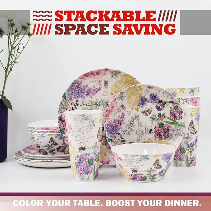 Melamine Dinnerware Set for 4-16 Pcs:Camping Dishes Set with Dinner Plates,Salad Plates,Cups and Bowls.Lightweight and Unbreakable.Indoor and Outdoor Use.