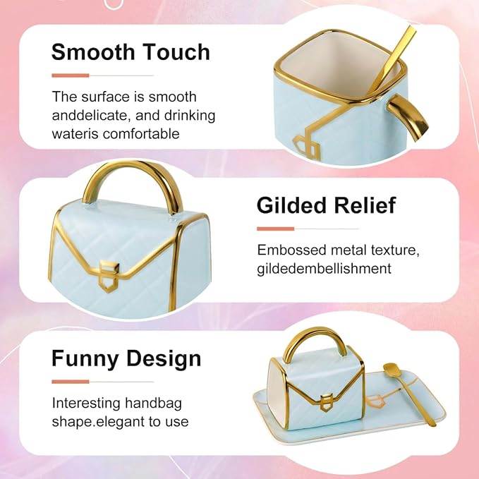 Handbag Shaped Mug, Handbag Coffee Mug And Saucer, Purse Coffee Ceramic Mug Set 10 Oz/ 310 ml Cute Creative Design Travel Tea Cup for Women Men Father's Day Thanksgiving