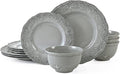 TP 12-Piece Melamine Dinnerware Sets, Plates and Bowls Dishes Set for 4, Break-Resistant & Non-Microwavable, Lightweight Dinner Plates, Relief Grey