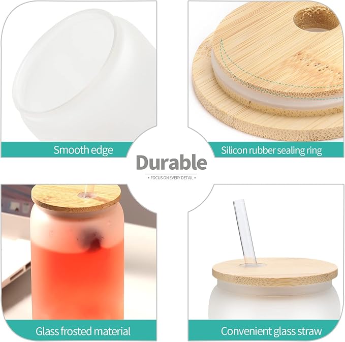 WHEATHUSK 20 Pack Sublimation Glass Cups Frosted 16oz Blanks Sublimation Borosilicate Glasses Tumbler with Bamboo Lids and Straws for Beer, Juice, Soda, Iced Coffee, Drinks