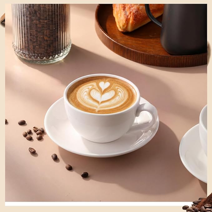 4 Set 11.5 oz Cappuccino Cups with Saucers Large Ceramic Coffee Mugs White Espresso Cup and Saucer Set Heavyweight Porcelain Housewarming Gift for Tea Espresso Latte Kitchen Cafe
