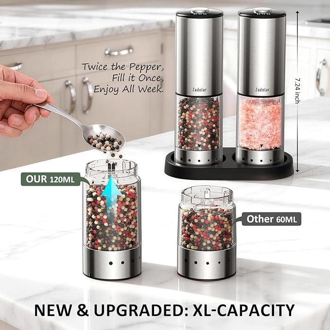 Rechargeable Electric salt and pepper grinder set with Storage Base,Automatic Refillable Salt and Pepper Shakers with LED Display,Upgraded Large Capacity,External Adjustable Coarseness for Mom Gifts