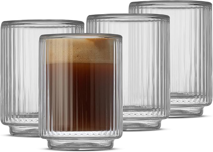 JoyJolt Haven Fluted Stackable Espresso Cups Set of 4, 2.5oz Ribbed Double Wall Glasses, Stacking Insulated Coffee Cup Set, Small Glass Coffee Cups for Espresso Machine Accessories