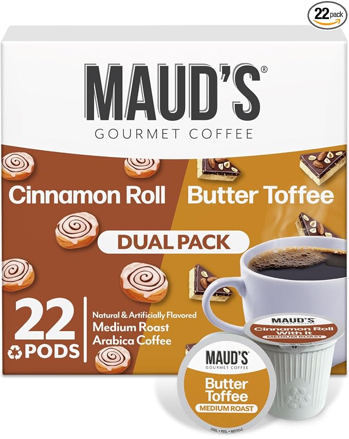 Maud's Cinnamon Roll & Butter Toffee Flavored Coffee Pods, 22ct, Medium Roast Flavored Coffee in Single Serve Pods – 100% Arabica Beans, Compatible with Keurig K Cups Maker