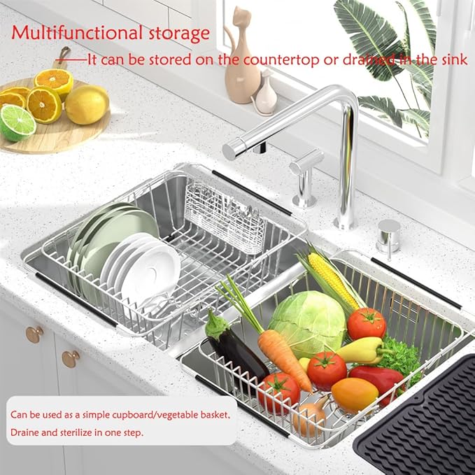 NiuYichee Stainless Steel Dish Drying Rack(15.2"L X 11"W X 5.3"H), Expandable Fruit & Vegetable Drain Rack over Sink, Dish Drainer Rack in Sink, with Stainless Steel Utensil Holder & Silicone Mat(16")
