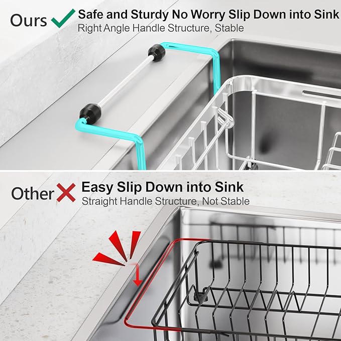 GSlife Small Sink Dish Drying Rack with Silicone Drying Mat - 9" W Expandable Stainless Steel Compact Dish Drainer with Lock Knob for RV, Apartment, Camper, Kitchen, 11.9"-16.7" L, Silver