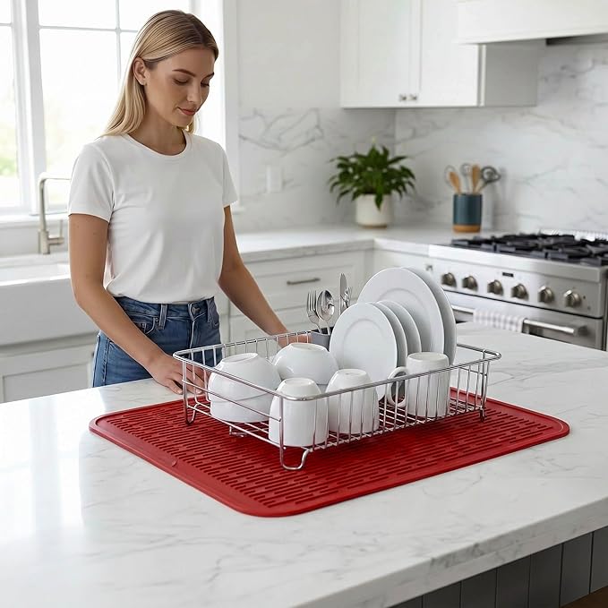 MicoYang Silicone Dish Drying Mat for Multiple Usage,Easy clean,Eco-friendly,Heat-resistant Silicone Mat for Kitchen Counter or Sink,Refrigerator or Drawer Liner Red 2XL 24 inches x 18 inches