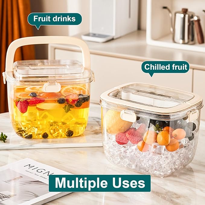 6.7L Ice Cube Storage Bin with Sealed Lid for Freezer Clear Ice Bucket w/ Tong for Bar Refrigerator Containers for Home Beverage Cooler for Whiskey Wine Beers Party Outdoor 8.5*6.6*7.4in Yellow