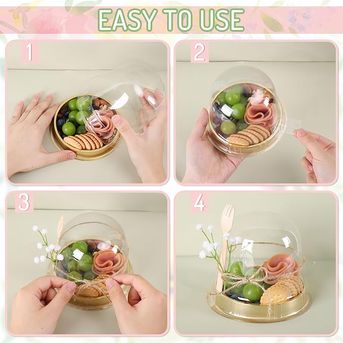 Whaline 50 Sets Disposable Individual Charcuterie Cup Clear Plastic Round Cake Boxes with Dome Lids Mini Wooden Spork Rope for Outdoor Snack Packing Open Houses Gatherings Wedding Party Event