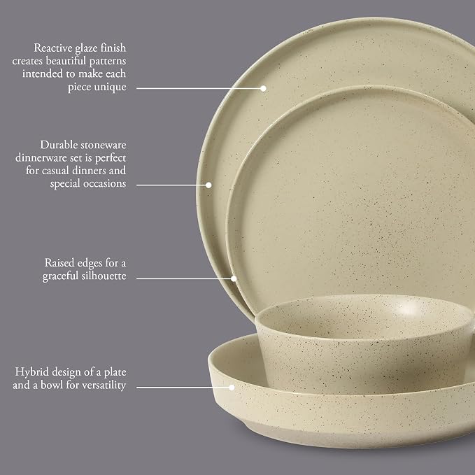 Gibson Elite Overbrook 16-Piece Pottery Clay Stoneware Dinnerware Set – White Reactive Glaze, Stackable Plates and Bowls w/Pasta Bowl, Service for 4 – Microwave & Dishwasher Safe
