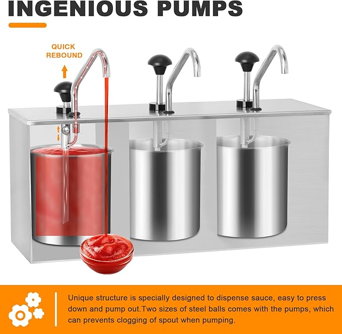 Condiment Pump Station Stainless Sauce Pump Dispenser 11Quart Ketchup Dispenser Pumps