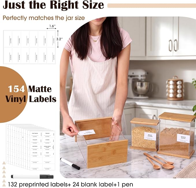 6 Pack Acrylic Pantry Storage Containers with Bamboo Lid Airtight Food Cereal Containers Storage 100oz, 54oz, 27oz with 144 Pantry Labels and Spoon for Flour Sugar, Cereal, Spice