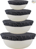 100% Pure Linen Bowl Covers For Bread Proofing, 4 Pcs Elastic Reusable Bowl Covers Large Ticking Striped Cloth Fabric Stretch Sourdough Lids, 6 * 8 * 10 * 12 Inches- Deep Blue