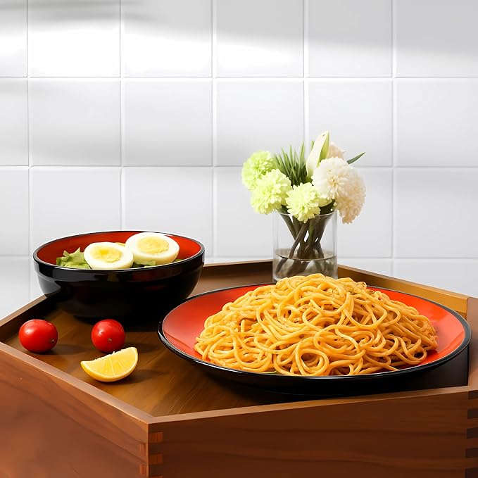 TP 12-Piece Melamine Dinnerware Sets, Plates and Bowls Dishes Set for 4, Break-Resistant & Non-Microwavable, Lightweight Dinner Plates, Glossy Black and Red