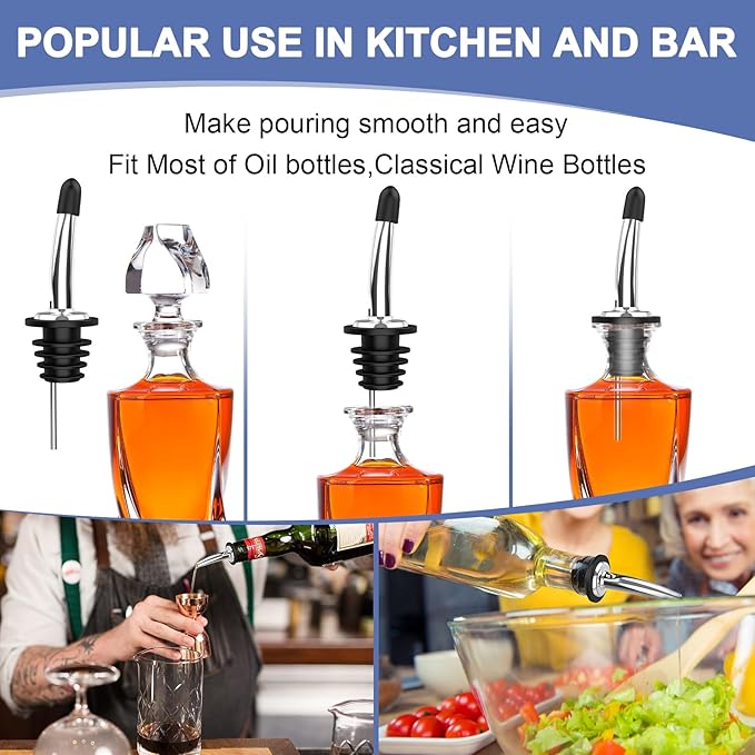 60-Pack Stainless Steel Pour Spouts for Liquor Bottles Oil Vinegar and Wine,Liquor Bottle Pourers with Rubber Dust Caps,Bar accessories,Pourers for Bartending