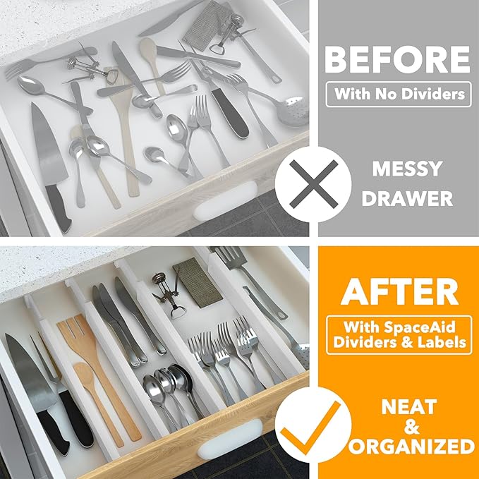 SpaceAid 4 Pack Bamboo Drawer Dividers with Labels, Kitchen Adjustable Drawer Organizers, Expandable Organization for Home Clothes Dressers (17-22 in, White)