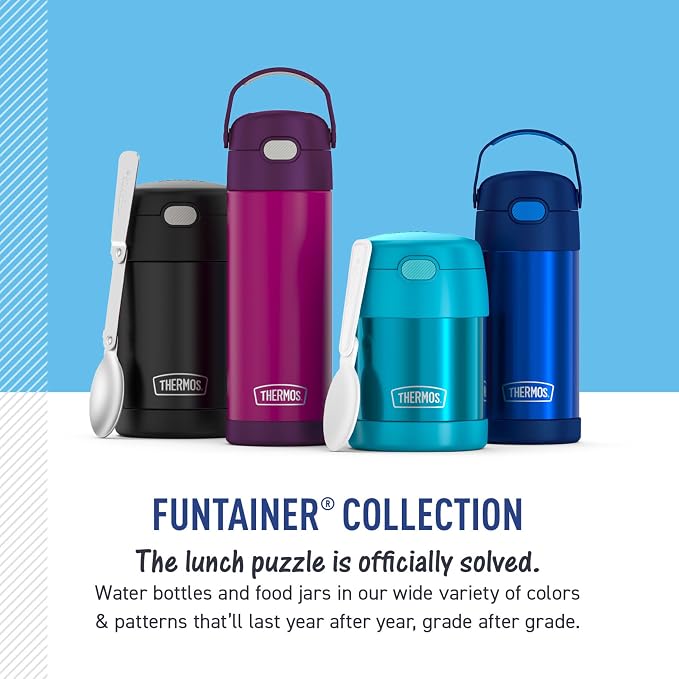 THERMOS FUNTAINER 16 Ounce Stainless Steel Vacuum Insulated Bottle with Wide Spout Lid, Nautical Stripes