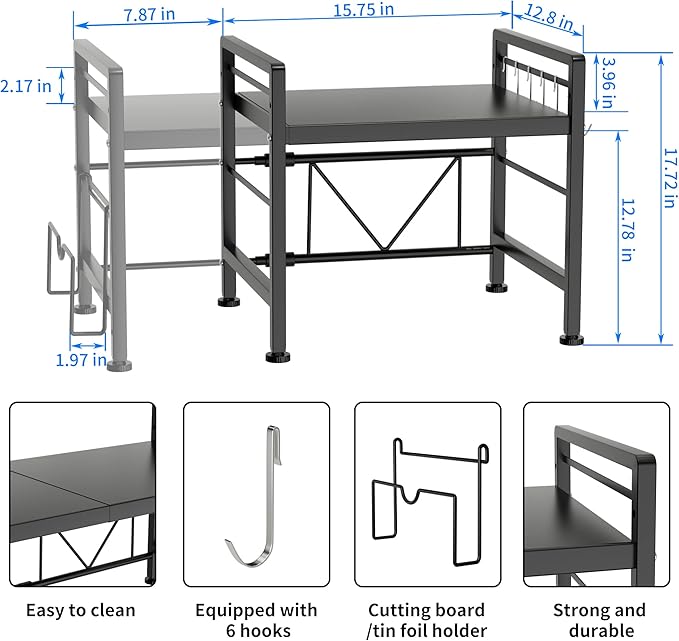 YIUKEA Extendable Microwave Oven Rack - Adjustable Kitchen counter shelf, 2 Tier Microwave Stand (L15.7~23.6" xW12.8 xH17.7) with 6 Hooks for Kitchen Countertop Organizer (Black)