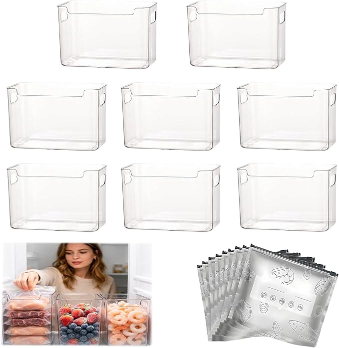 Crystal Clear Freezer Storage Bins, 4 Pack Clear Plastic Bins for Refrigerator and Pantry, Stackable Kitchen Cabinet Organizer with Handles for Frozen Food, Meat & Veggies (8PCS L)