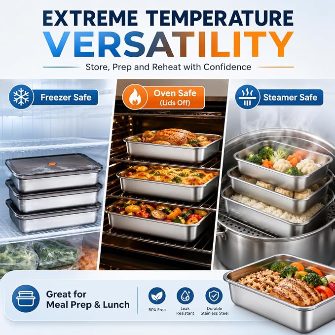 3-Pack Stainless Steel Food Storage Containers with Airtight Lids - Vacuum Seal Meal Prep Containers for Fridge Organization - Leakproof & Stackable Food Storage Set for Kitchen Freezer & Oven Safe