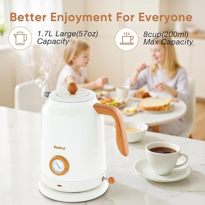 Seehot® Electric Kettle With Thermometer, 1.7L Electric Tea Kettle, 1200W Hot Water Kettle Electric, Auto Shutoff, Boil-Dry Protection, 304 Stainless Steel, Cordless Base, White
