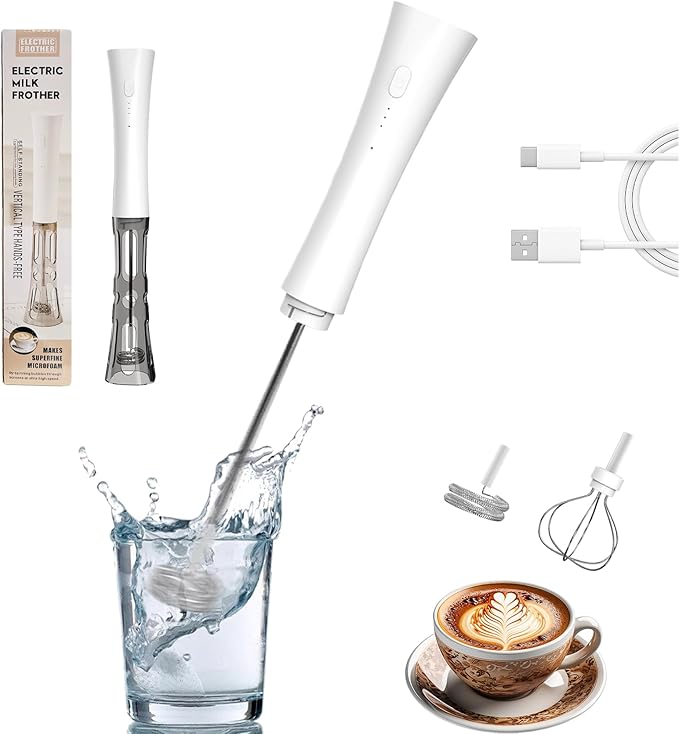 Milk Frother Wand Handheld for Coffee, 2000Mah Rechargeable Drink Mixer With Stand Whisk Cold Electric Foam Maker, 3 Speed Adjustable, Hand Free for Latte, Cappuccino, Matcha, Hot Chocolate, Egg