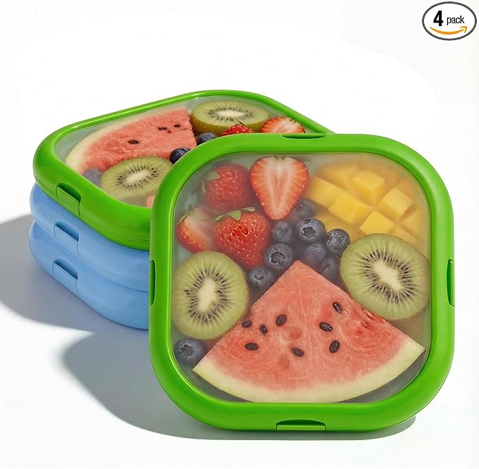 4 Pack Reusable Silicone Storage Boxes, Avocado Saver & Onion Storage for Avocado, Cut Onions, Tomatoes, Garlic and Leftovers in Fridge (Blue/Green)