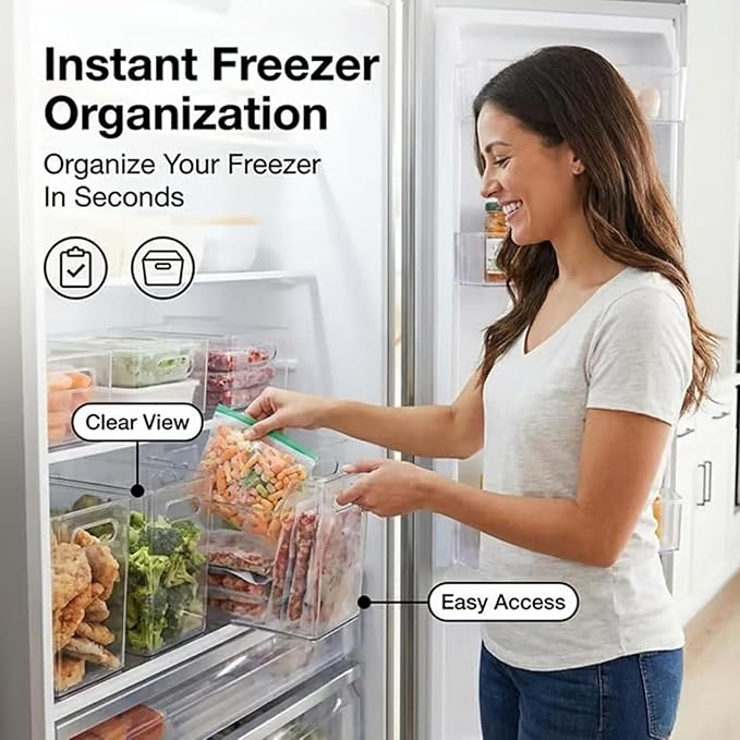 Clear Freezer Storage Bins, 4 Pack Clear Plastic Bins for Refrigerator and Pantry, Stackable Kitchen Cabinet Organizer with Handles for Kitchen, Office, Closet, Freezer organization (2*L)