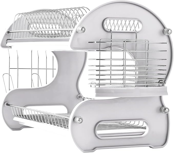 Montgomery Ward Retro 2-Tier Dish Rack, Space-Saving Design, Durable Plastic and Chrome-Plated Wire, Easy Assembly (White)