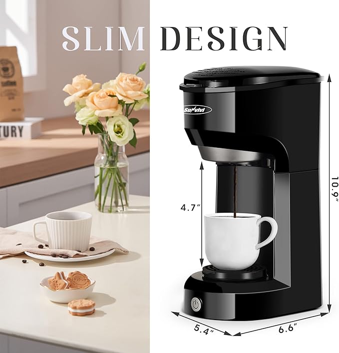 SUNVIVI Coffee Maker, Single Serve Brewer for Single Cup, One Cup Coffee Maker With Permanent Filter, 6oz to 14oz Mug, One-touch Control Button with Illumination, Black (ETL Certified)