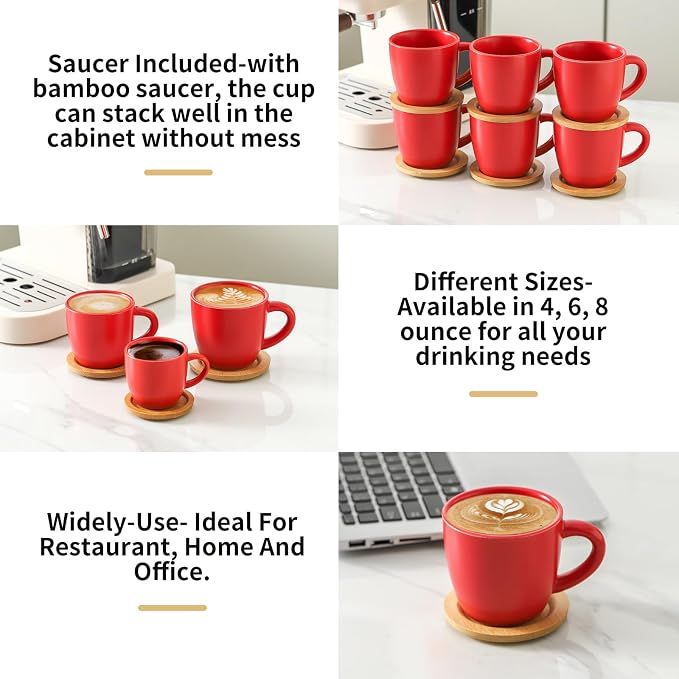 HASENSE Cappuccino Cups with Bamboo Saucers Set of 6, 8 OZ Ceramic Espresso Cups with Handle for Double Shot, Latte, Mocha, Stackable Coffee Cups for Cafes, Home and Office, Red