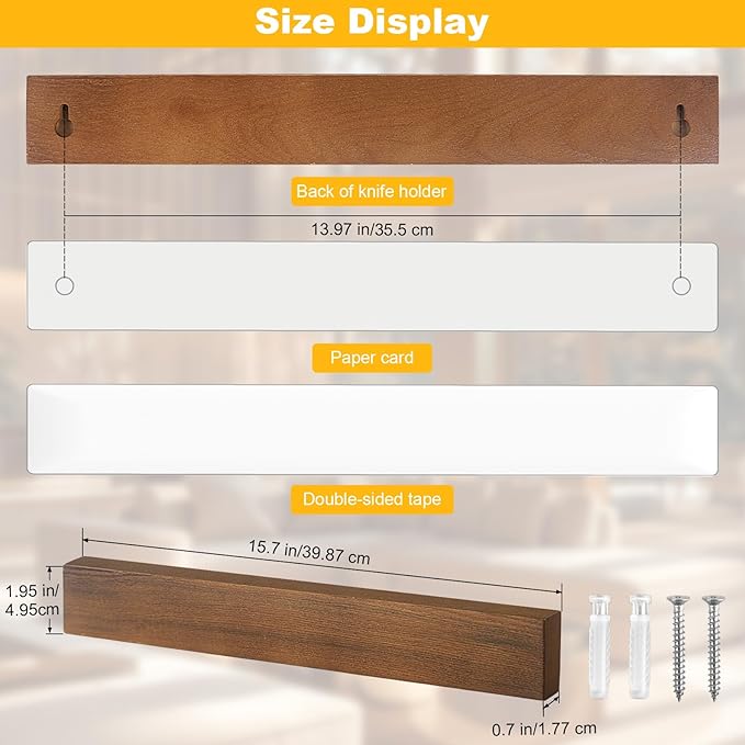 Magnetic Knife Holder Wood, 16" Knife Magnetic Strip No Drill Adhesive Knife Magnet Block, 17 Inch Magnetic Knife Holder with 4 Hooks, Dual Rod Strong Magnet Knife Bar for Partry Garage Tool Rack