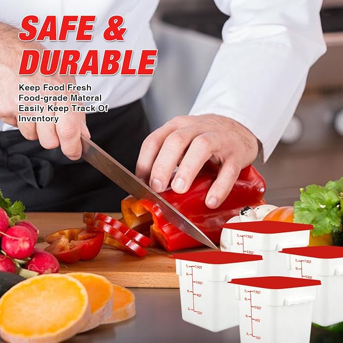 Square Food Containers with Lids 4-Pack, Commercial Grade Plastic Bins for Restaurant Kitchen Pantry Storage, Freezer & Dishwasher Safe (Red, 8QT-4PACK)