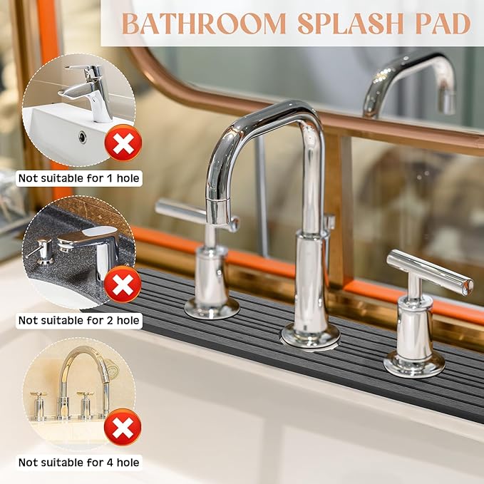 Teenyyou 3 Hole Gray Faucet Mat for Kitchen Sink Bathroom 15.94" x 4.92" Kitchen Faucet Absorbent Mat Diatomite Splash Guard Quick Drying Stone Drip Catcher Hole 2.36" Holes Spaced About 1.65"