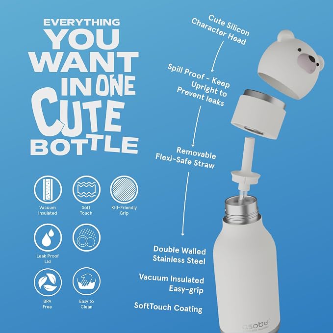 asobu Bestie Bottle Insulated Stainless Steel Water Bottle with Detachable Soft Animal Head Fun Drinking For Kids and Teens with Flexible Reusable Straw 16 Ounce (Bear)