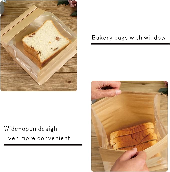 50 Pack Paper Bread Bags for Homemade Bread Sourdough Bread Bags Large Paper Bakery Bag with Window for Baked Food Packaging Storage, Brown(9x4.3x11 Inches)