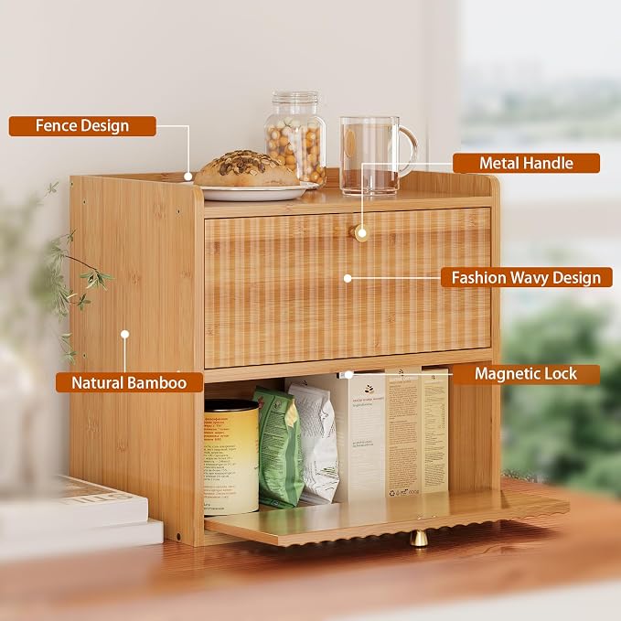 Trironsun Rustic Bread Box for Kitchen Countertop Bamboo Bread Storage Container Bin Double Layer BreadBox Farmhouse Large Capacity Food Organizer (Natural Bamboo)