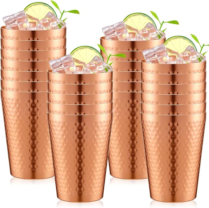 Tanlade 24 Pcs Aluminum Cups Bulk, 14 oz Copper Color Water Tumblers, Metal Cups for Drinking, Hammered Surfaces Mirror Finish Stackable Cold Glasses for Red or White Wine Iced Coffee (Gold)