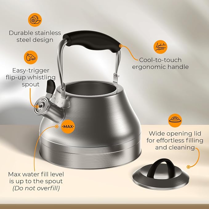 Stovetop Whistling Tea Kettle 2.4 QT / 2.3L, Stainless Steel Water Kettle for Induction, Gas & Electric Stoves, Fast Boiling Tea Kettle with Loud Whistle, Cool Touch Handle, Wide Lid, Satin, Silver