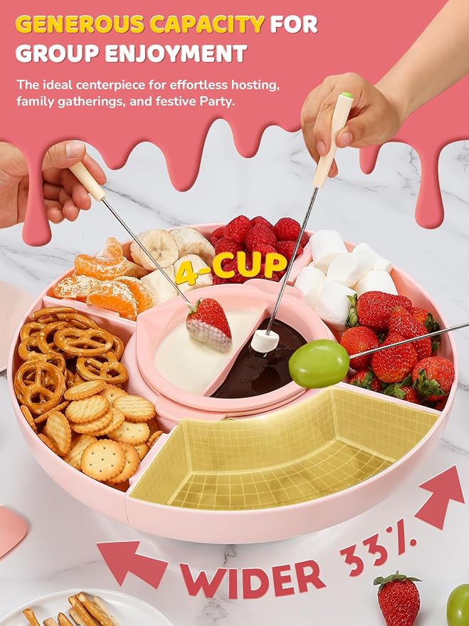 LUSHYUM Electric Chocolate Fondue Set, 4-Cup Chocolate, Rotating Tray | Melt & Warm Modes, Dual Silicone Inserts, 6 Color-Coded Forks, Easy-Clean, Ideal for Candy Melts, Couple Family, Date Night