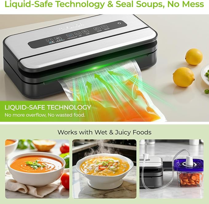 Vacuum Sealer, 90Kpa Food Vacuum Sealer Machine Built-in Cutter & Bag Storage, Food Preservation Dry/Moist/Liquid Mode, Sauces and More, Handle Locked Design Includes 2Roll + 5 Bags