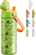 POWCAN Kids Water Bottle for School: 2-in-1 Straw Spout Lid with Soft Animal Head, Leakproof, Backpack Friendly, Keep Cold 24H, Insulated cup for Sports, Playground, Holiday Gift, Cowboy Rex 18 Ounces